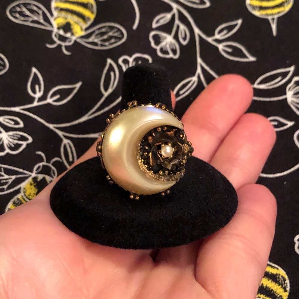 Vintage Brass Ring With Pearlescent Celestial Half Moon